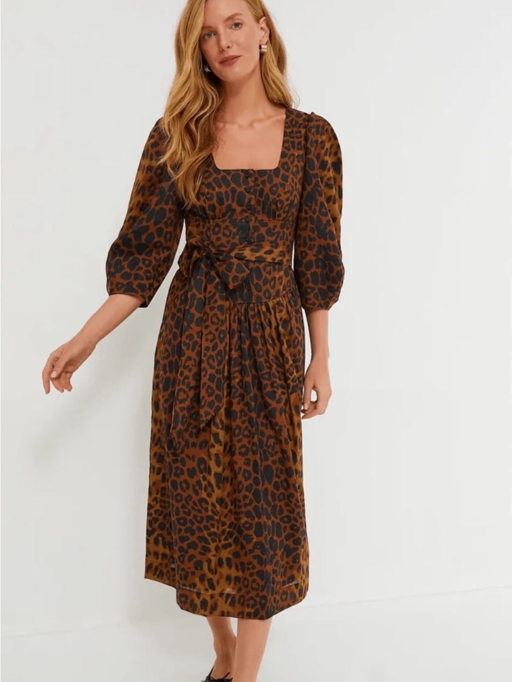 Tuckernuck Graciela Leopard Print Square-Neck Midi Dress in Brown